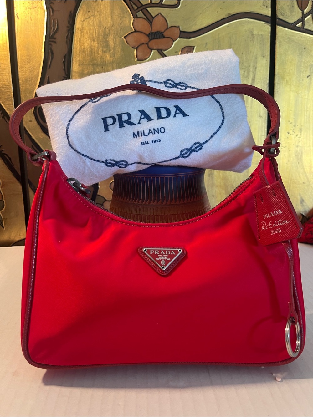 Prada Red Nylon Re-edition 2005 Shoulder Bag with Leather Trim MINI